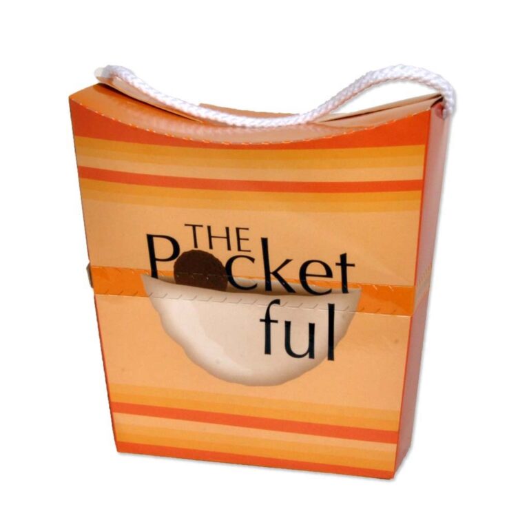 An orange and yellow striped box with a white rope handle. The box has the text The Pocket Ful on the front.
