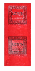 Red candy wrapper with two rectangular sections, each displaying the text LEXS in black. The design, reminiscent of garment bags, includes a textured pattern around the text.