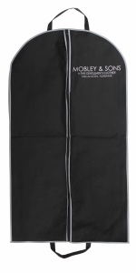 A black garment bag with a zipper down the middle, featuring the text Mobley & Sons Fine Clothing and Tailoring in white at the top. Two handles are visible for carrying.