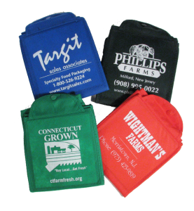 Four vibrant reusable shopping bags crafted from ppnw material showcase the logos and contact information for Targit Sales Associates, Phillips Farms, Connecticut Grown, and Wightmans Farms. Available in blue, black, green, and red, these bags offer both style and sustainability.