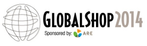 Logo for GlobalShop 2014 Trade Show. Features a stylized globe on the left and the text GlobalShop 2014 on the right, with Sponsored by ARE below, accompanied by a small colorful logo.