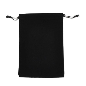 A small black drawstring pouch, perfect for jewelry packaging, with a slightly textured surface. The pouch is elegantly closed at the top with two black cords.