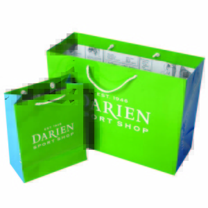 Two green shopping bags with white handles display the Darien Sport Shop brand on the front. The larger bag stands proudly in the background, while a smaller companion is positioned in the foreground to the left.
