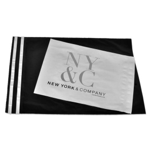 A sleek black plastic mailing bag showcases sophisticated packaging options, highlighted by a white label displaying the NY & C logo and "New York & Company" in elegant gray text, complemented by two parallel white stripes along the left edge.