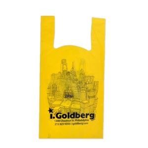 Yellow plastic bag featuring a detailed line illustration of a city skyline, perfect for carrying your finds from grocery stores. The name I. Goldberg and address 1300 Chestnut St, Philadelphia are elegantly printed in black at the bottom.