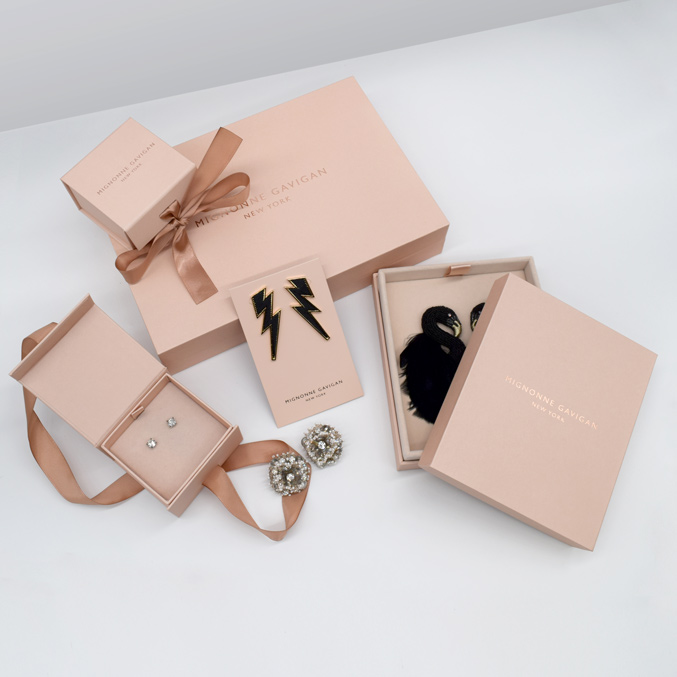Mignonne Gavigan, customer spotlight, custom packaging collection, jewelry packaging collection, jewelry boxes, earring cards, earring boxes, luxury brands, luxury jewelry, rose gold, ribbon, packaging accessories