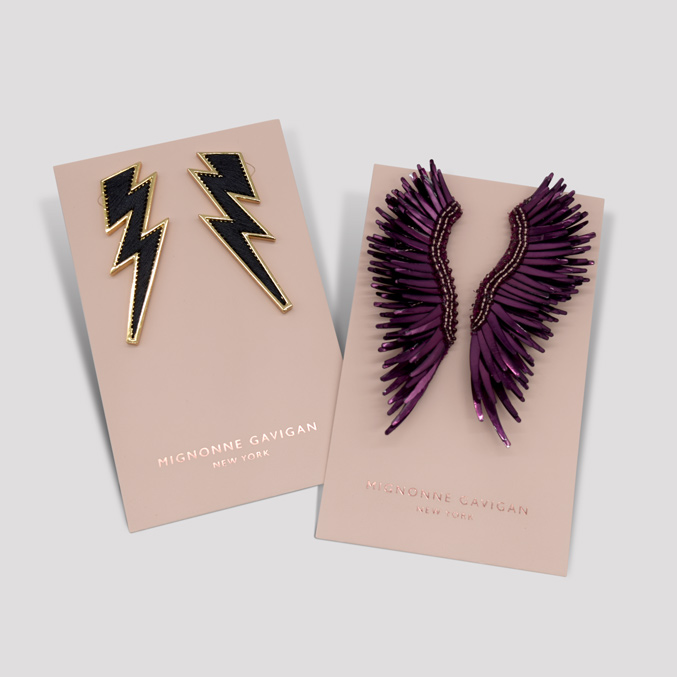 Mignonne Gavigan, customer spotlight, custom packaging collection, jewelry packaging collection, jewelry boxes, earring cards, earring boxes, luxury brands, luxury jewelry, rose gold, ribbon, packaging accessories