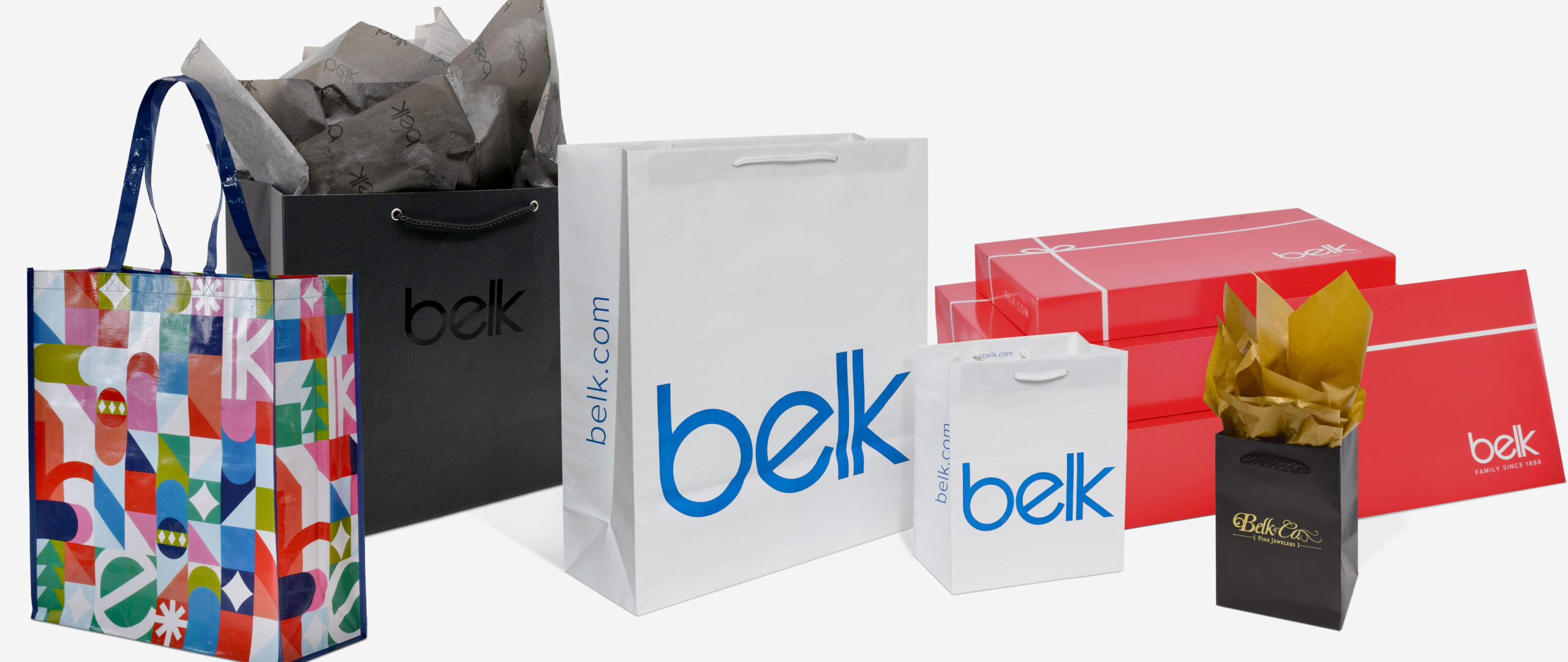 belk, belk collection, belk department store, paper shopping bags, poly shopping bags, reusable shopping bags, belk packaging collection, branded packaging, branded retail packaging