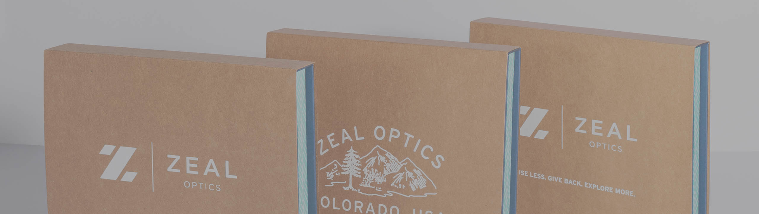 Zeal Optics boxes lined up in a row of 3 highlighting the packaging