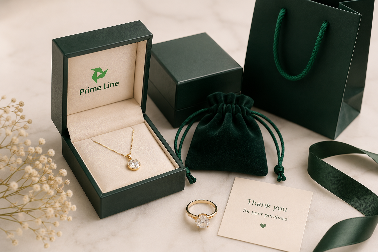 Prime Line Packaging helps jewelry brands create polished boxes, inserts, pouches, and shipping details that make each piece feel gift-ready.